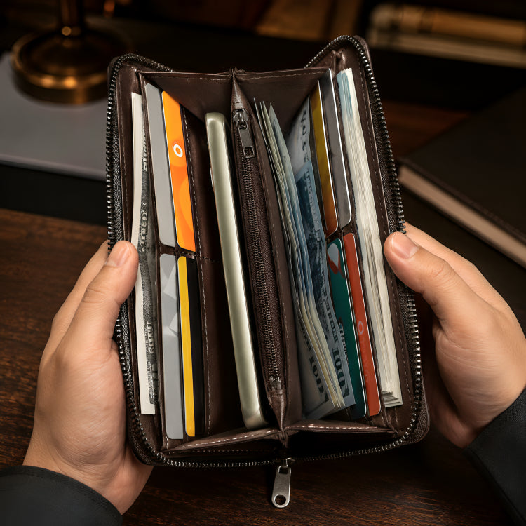 Long Wallet for Men & Women with Zipper Pocket - Black