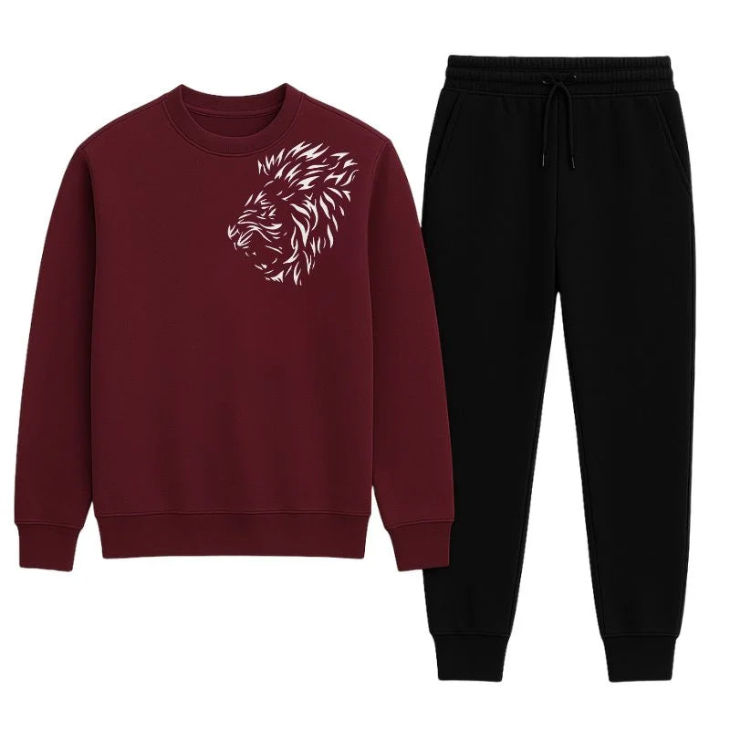 LION Printed White Tracksuit Sweatshirt & Trouser | Warm & Comfortable Winter Wear | Medium